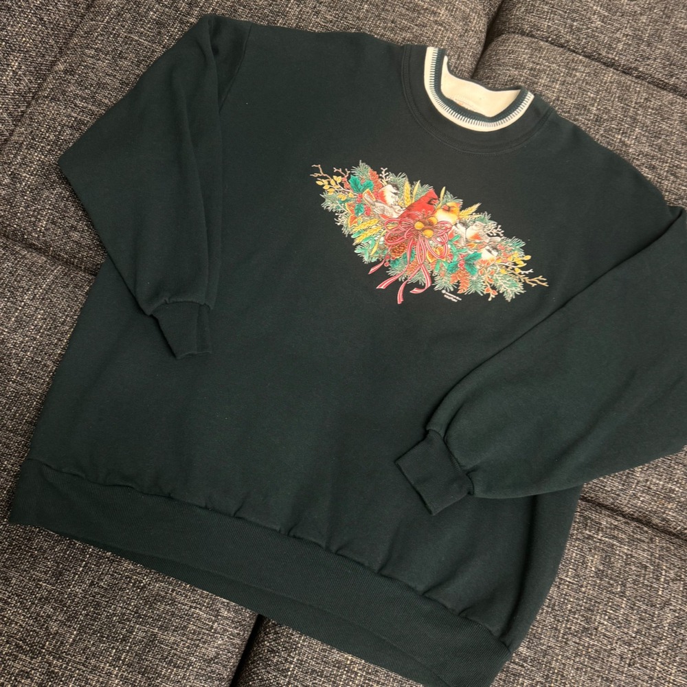 Morning Sun Sweatshirt Woman 2XL Green Excellent Vintage Birds Christmas USA